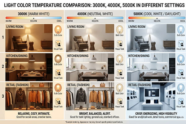 A comparison of 3000K, 4000K, and 5000K light in different settings